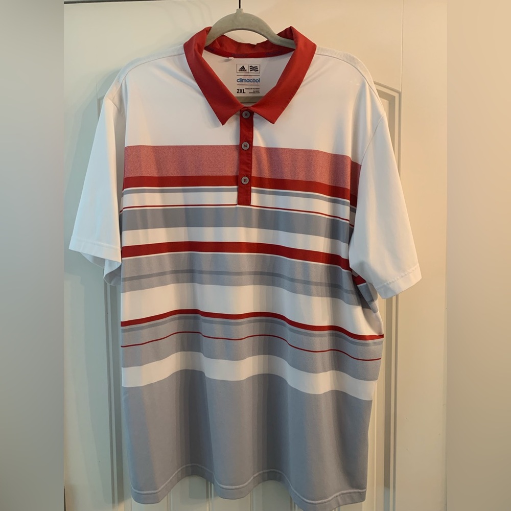 Adidas ClimaCool Polo
Mens Sz 2XL Red/Grey Stripe
Light weight, Pre-Owned